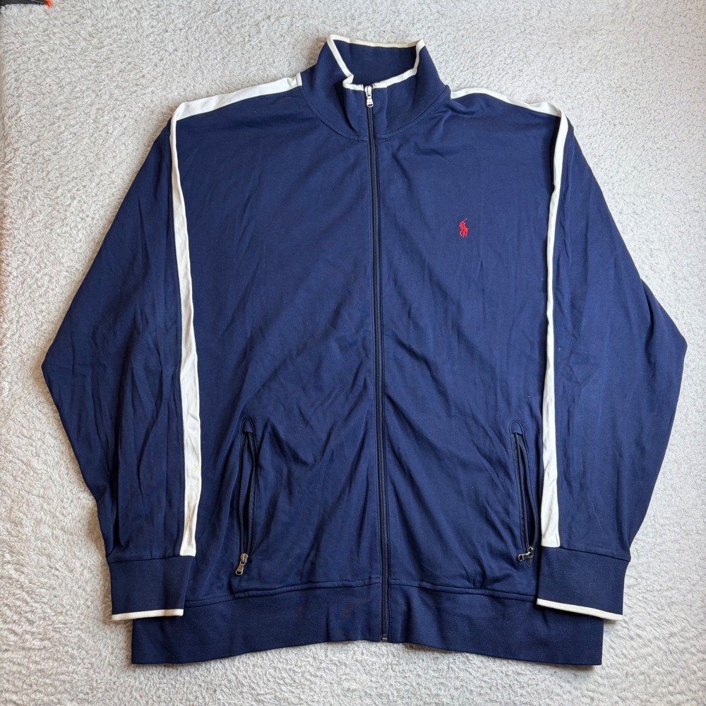 Polo Ralph Lauren Mens 3XLT Navy Blue Full Zip Track Jacket White Stripe Cotton